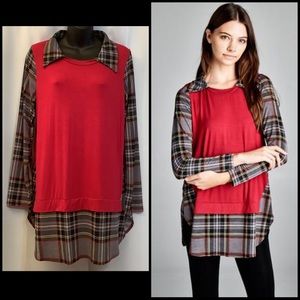 Emerald Tunic Women’s Large Long Sleeve Plaid 2 In 1 Red
